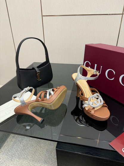 GG Pump 10.5cm With Crystal Interlocking G Brown Sliver Leather
