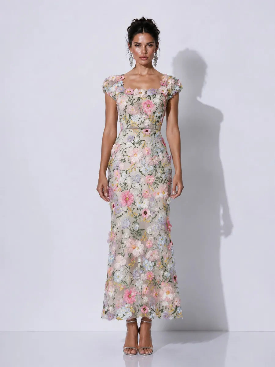 Genevieve Embroidered Appliqué Sleeveless Midi Dress