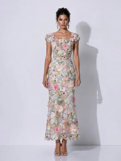 Genevieve Embroidered Appliqué Sleeveless Midi Dress