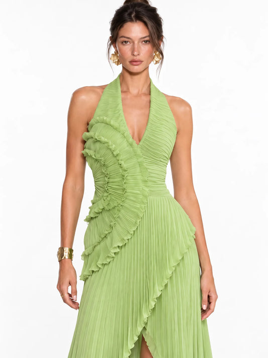 Adeline Pleated Ruffle Maxi Dress In Green