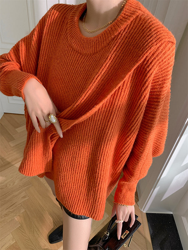 Irregularity Loose Solid Color Batwing Sleeves Round-Neck Sweater Tops