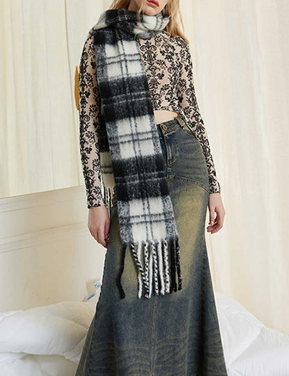 Fall Winter Classic Plaid Tassel Warm Scarf