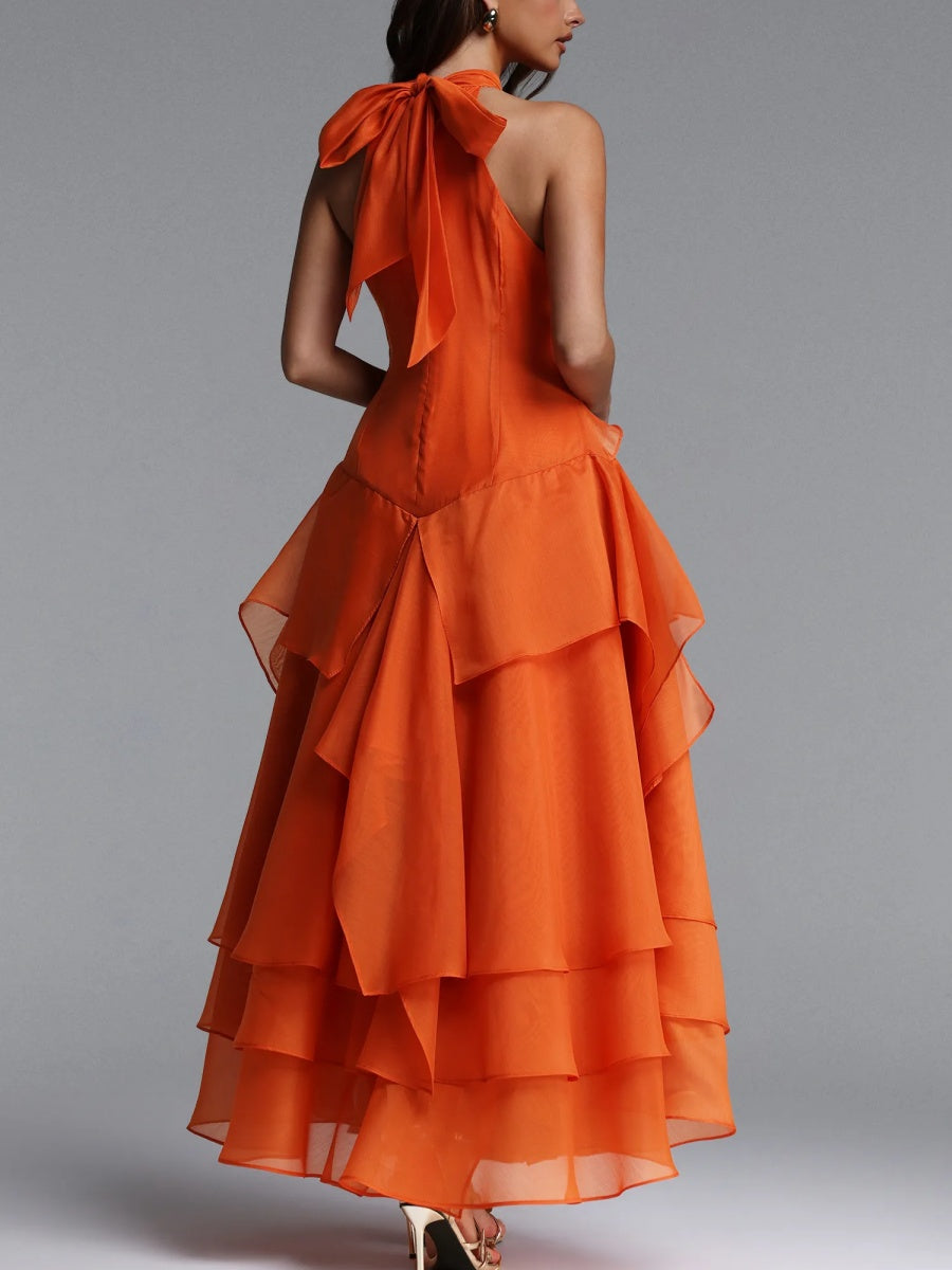 Luna Halter Ruffled Chiffon Tiered Midi Dress