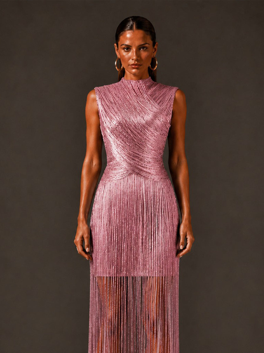 Calliope Silver-Thread Tassel Bandage Maxi Dress In Pink
