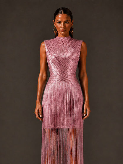Calliope Silver-Thread Tassel Bandage Maxi Dress In Pink