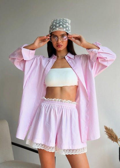 Oversized Pinstripe Shirt Cotton Lace Trim Shorts Set