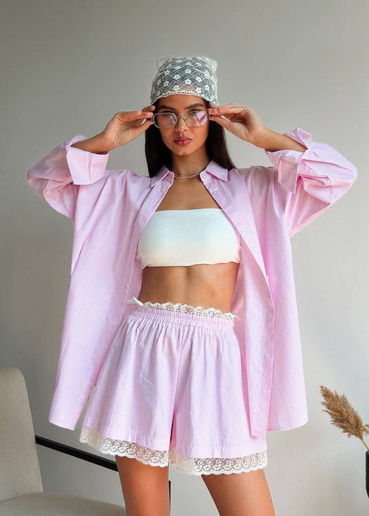 Oversized Pinstripe Shirt Cotton Lace Trim Shorts Set