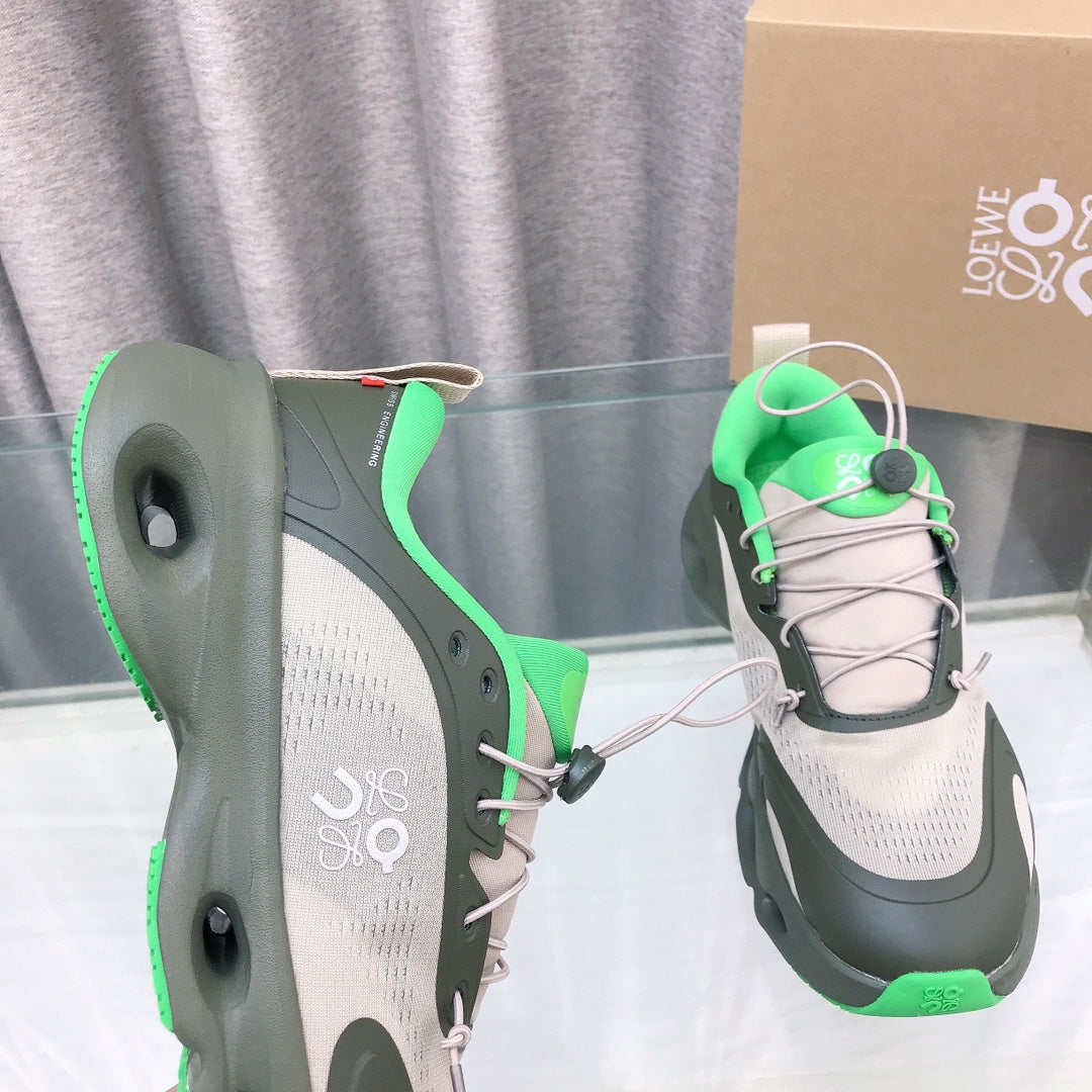 Loewe x on Angpao Couple Running Sneakers Khaki Green Nylon Calfskin 597422
