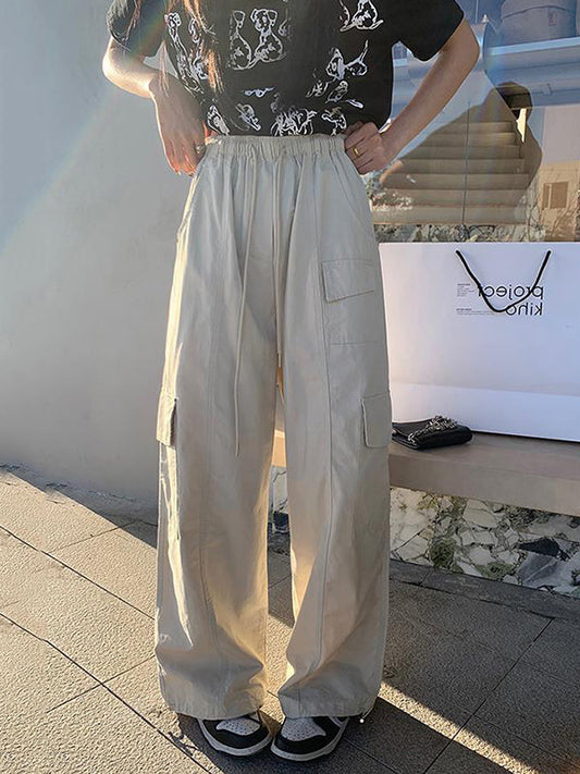 High Waisted Loose Drawstring Elasticity Pockets Solid Color Split-Joint Pants Trousers