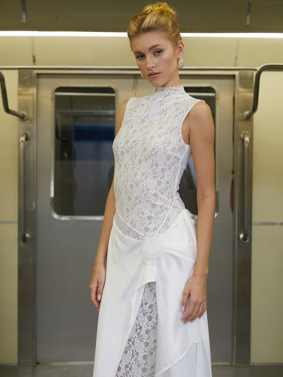 Audrey Asymmetrical Floral Lace Maxi Dress