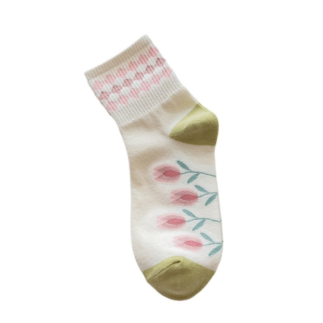 Rufia - Women's Floral Tulip Mid-Calf Socks - Green / White