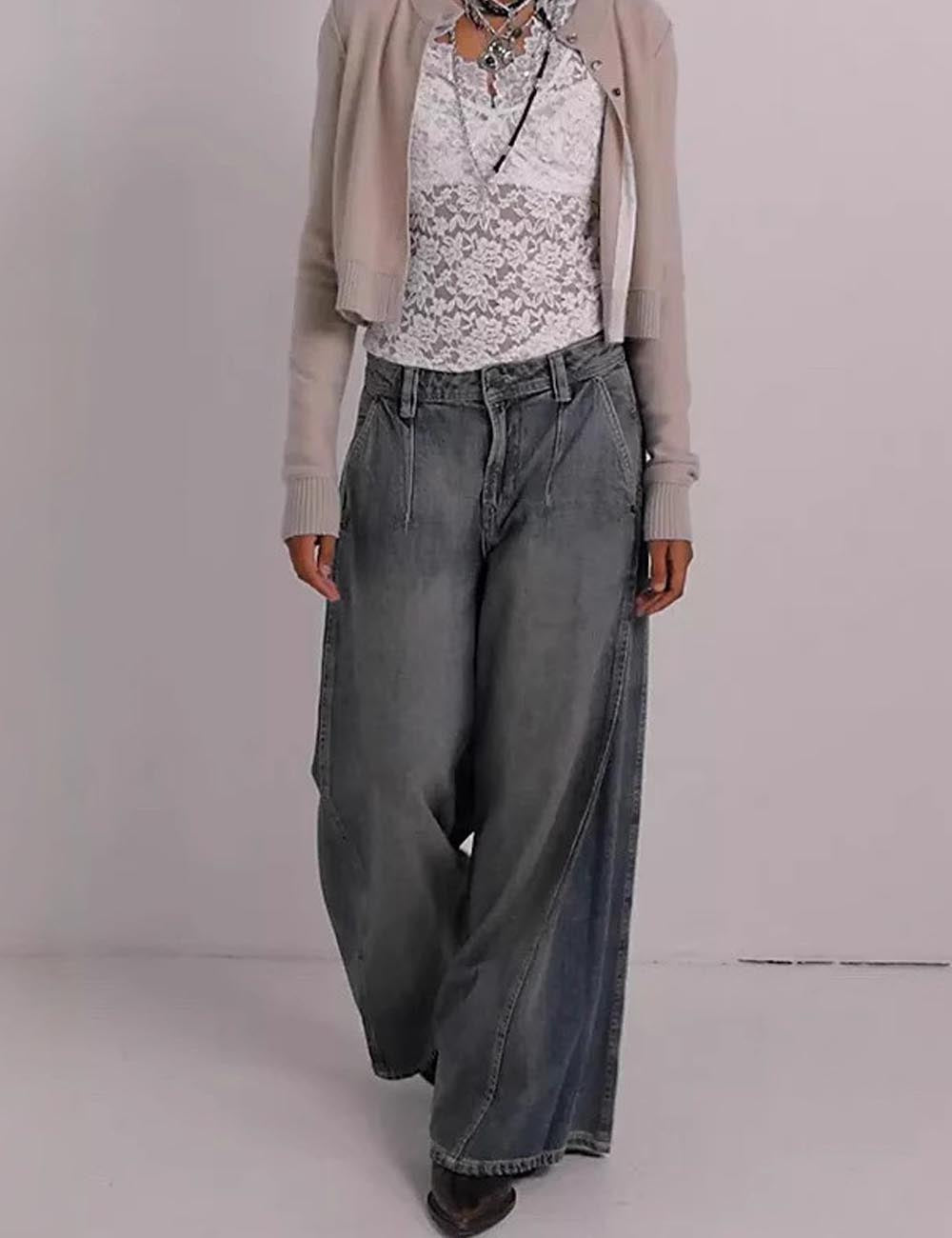Distressed Washed Mid Waist Wide Leg Denim Pants