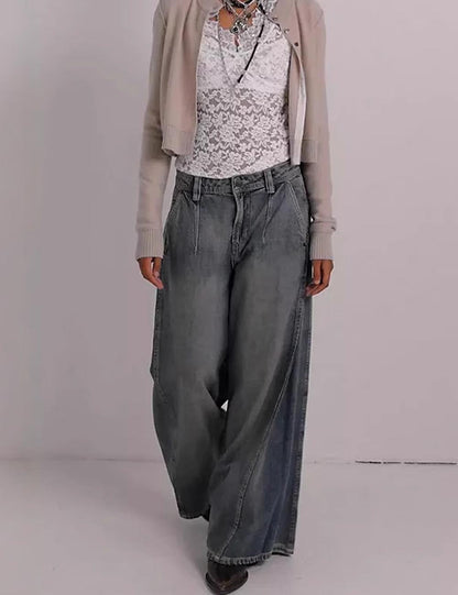 Distressed Washed Mid Waist Wide Leg Denim Pants