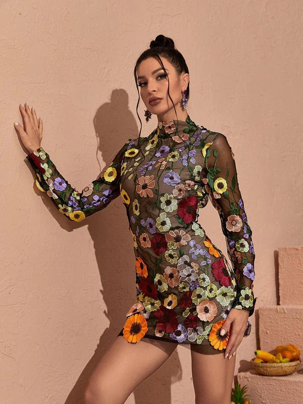 Saige Long Sleeve Mesh Flower Mini Dress