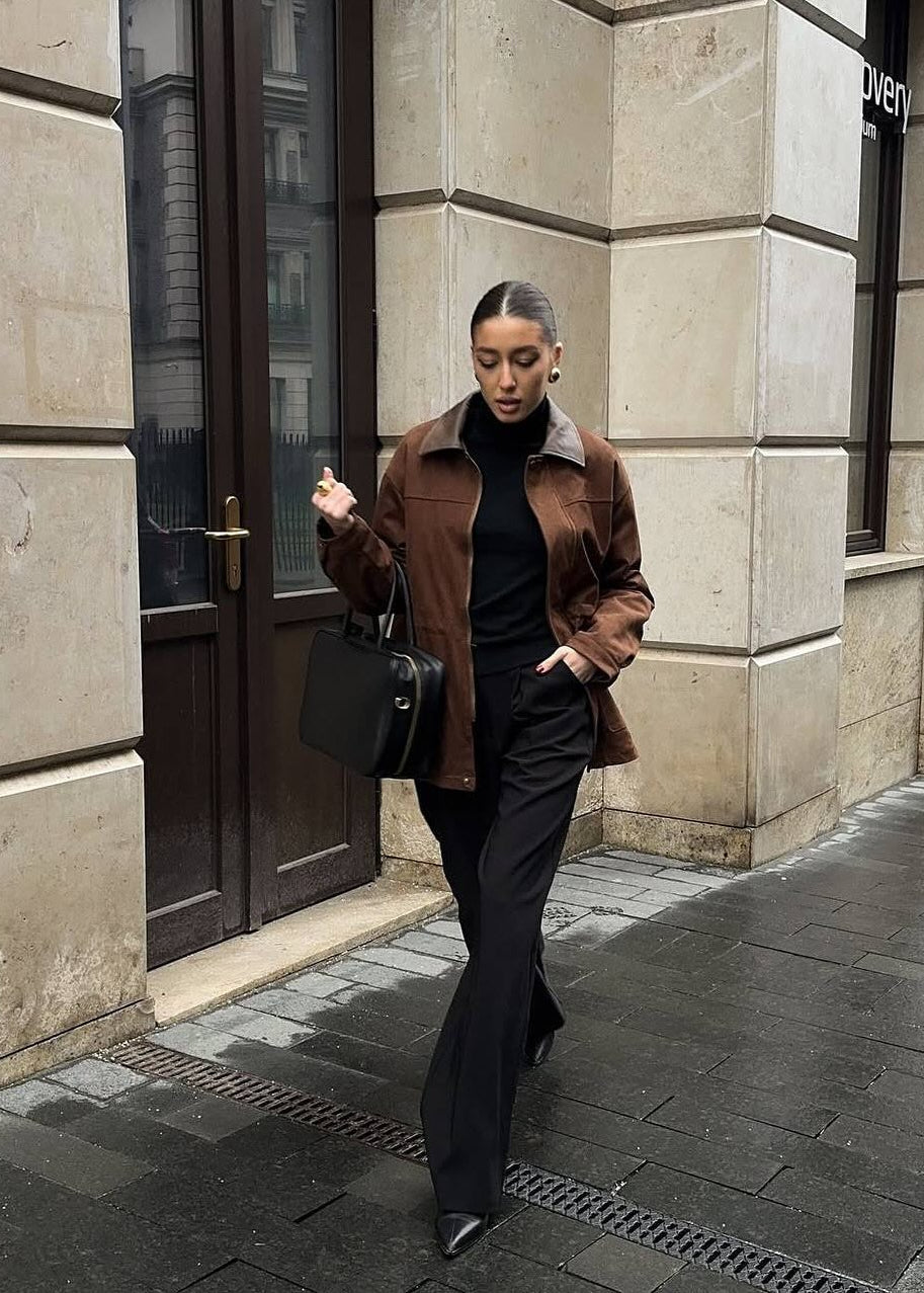 Oversized Suede Jacket With Contrast Collar