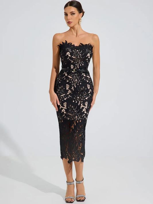 Sofia Floral Lace Midi Dress In Black