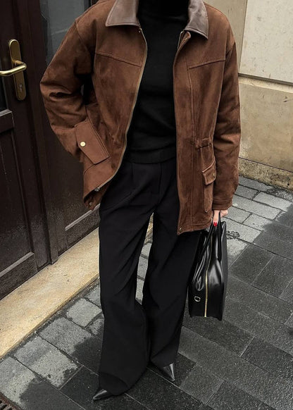 Oversized Suede Jacket With Contrast Collar