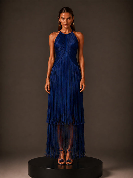Camilla Sleeveless Bandage Midi Dress with Fringes In Blue