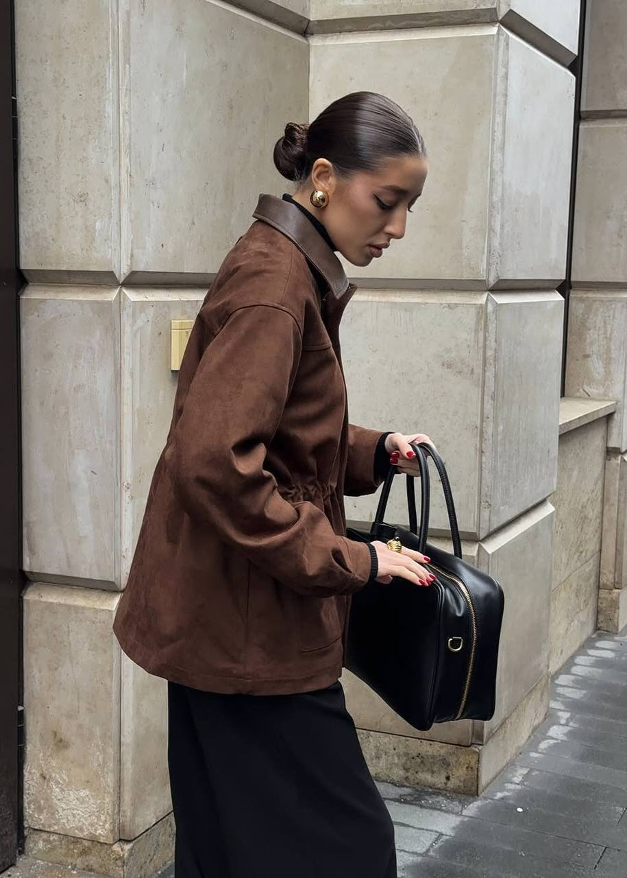 Oversized Suede Jacket With Contrast Collar
