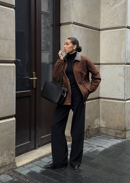 Oversized Suede Jacket With Contrast Collar