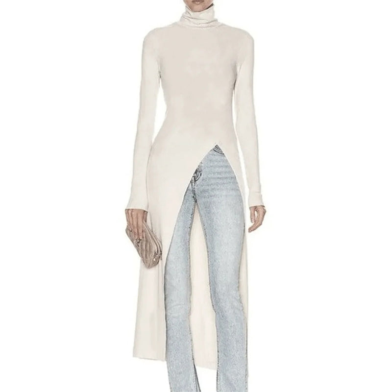 Skinny Solid Color Split-Side High-Neck T-Shirts Tops