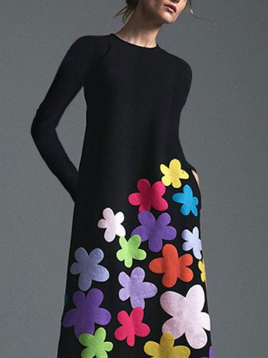 Long Sleeves Asymmetric Floral Round-neck Maxi Dresses