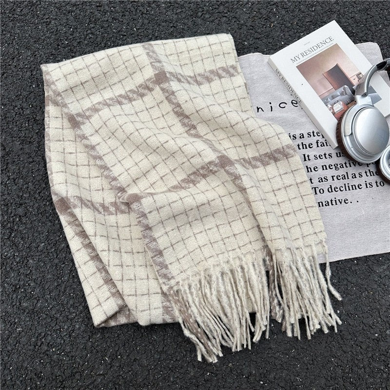 Color Block Plaid Fringe Scarf