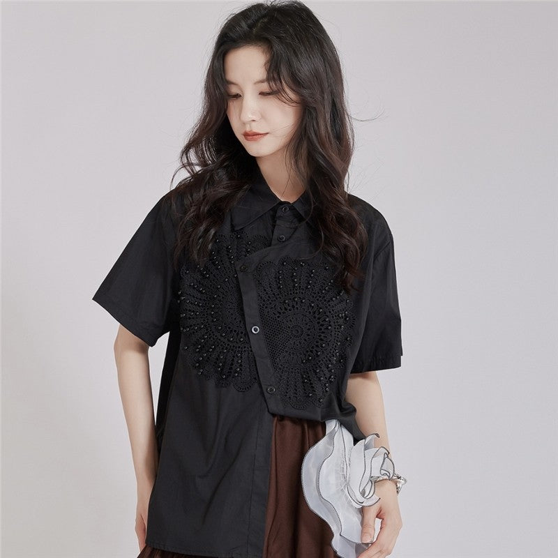 Heavy Duty Embroidered Asymmetric Lapel Short Sleeve Shirt