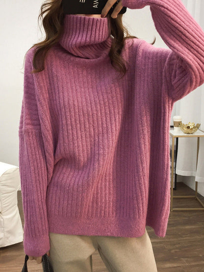 Casual Long Sleeves Loose Solid Color High-Neck Sweater Tops