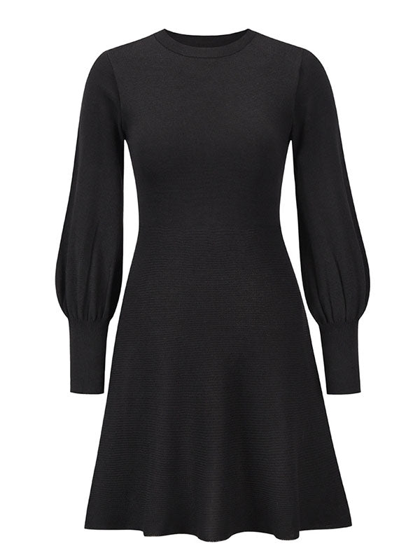 Puff Sleeves Wrap Solid Color Round-Neck Mini Dresses