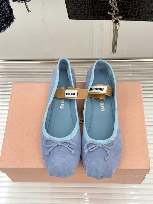 Miu Classic Bow Letter Ballet Flat French Sky Blue Suede
