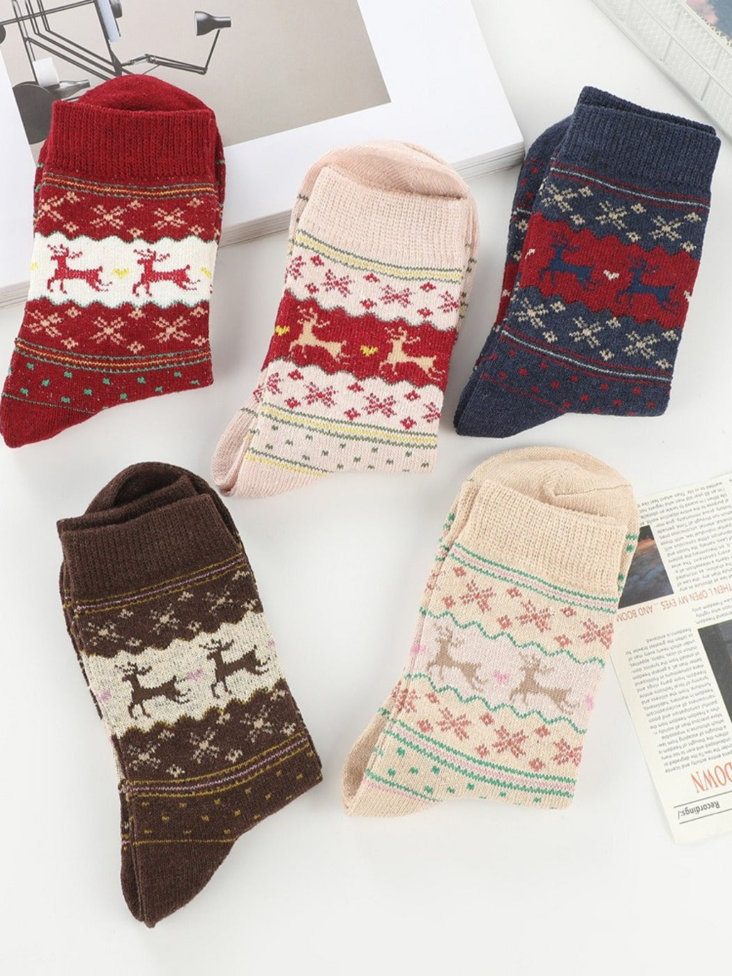 Rufia - Christmas Reindeer Snowflake Mid-Calf Socks – 5 Options