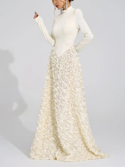 Vivienne 3D Rose High-Neck Long-Sleeve Maxi Dress