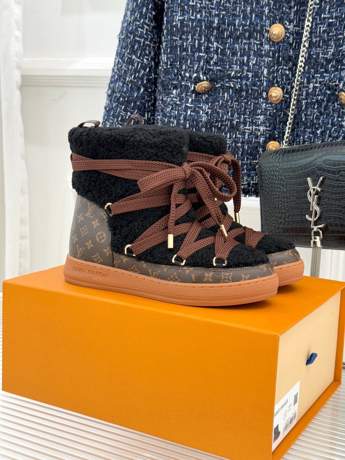 LV Cloud Lace-Up Ankle Boot Sneaker Black- Brown Shearling Monogram Canvas 572467