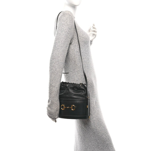 Azalea Sakai Calfskin Horsebit 1955 Drawstring Bucket Bag Black