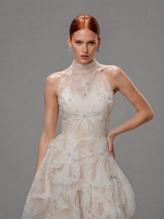 Octavia 3D Floral Mesh-Panel Mini Dress
