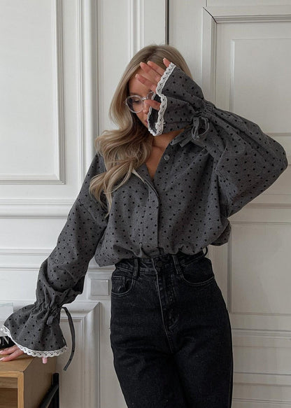 Button Down Shirt With Heart Print And Lace Cuffs