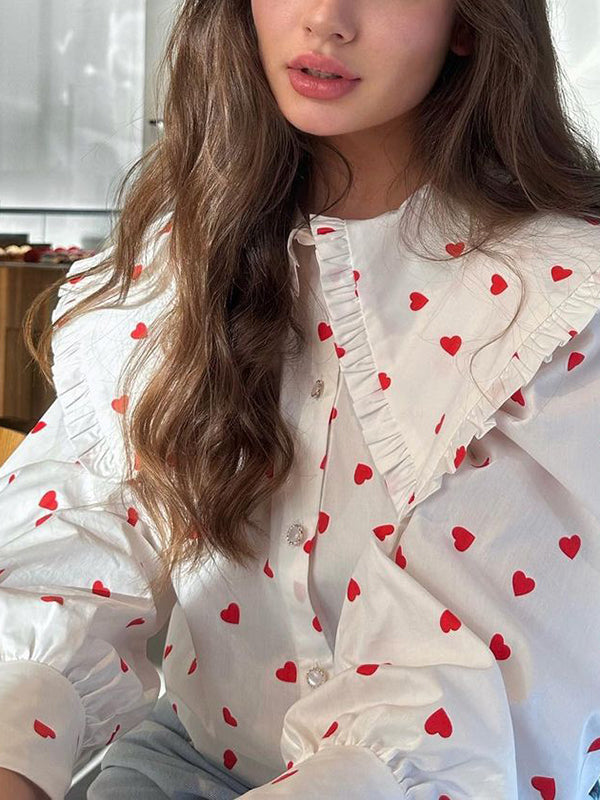 Loose Contrast Color Doll Collar Heart Print Blouses&Shirts Tops
