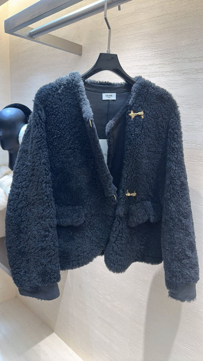 CELINE Shearling Black Coat 333331