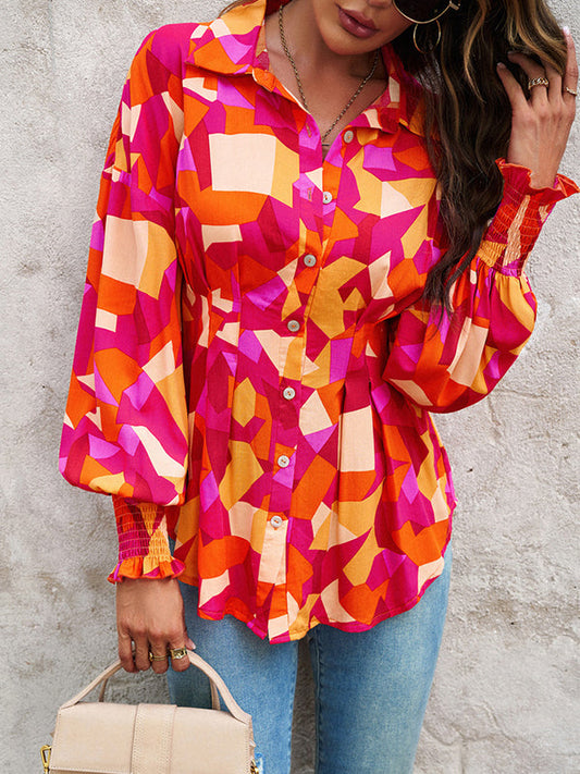 Bishop Sleeve Long Sleeves Buttoned Elasticity Pleated Printed Lapel Blouses&Shirts Tops