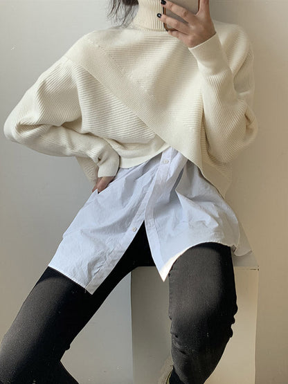 Stylish 4 Colors Knitting High-Neck Asymmetric Split-Front Sweater