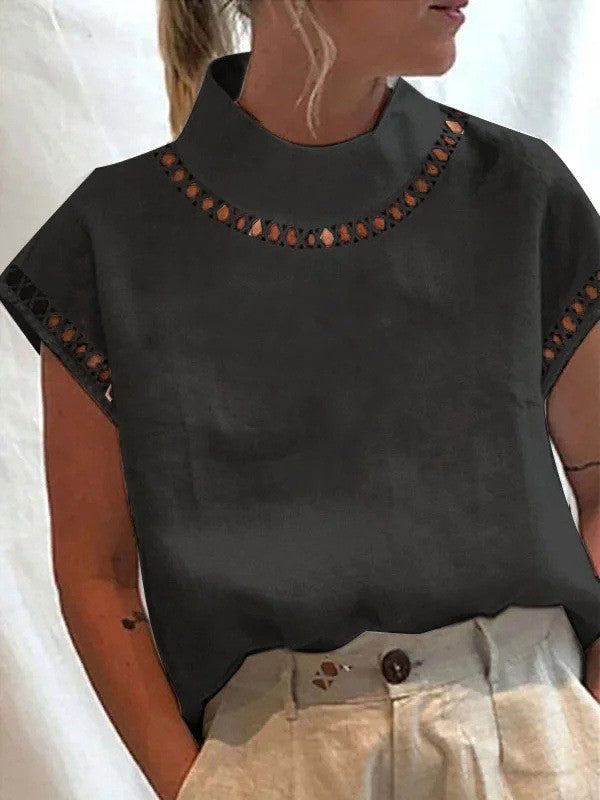 Casual Hollow Out High Neck Short Sleeve Blouse