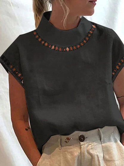 Casual Hollow Out High Neck Short Sleeve Blouse