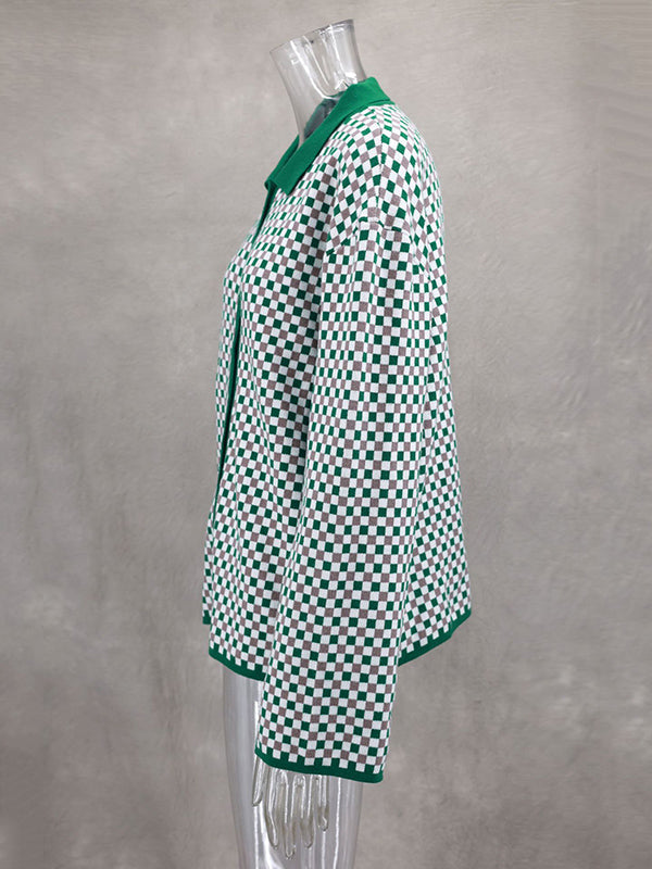 Long Sleeves Loose Plaid Split-Joint Lapel Cardigan Tops Sweater Tops