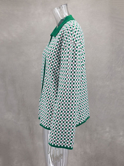 Long Sleeves Loose Plaid Split-Joint Lapel Cardigan Tops Sweater Tops