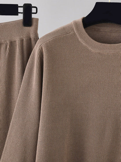 Casual Long Sleeves Irregularity Split-Front Round-Neck Sweater Tops & Wide Leg Pants Two Pieces Set