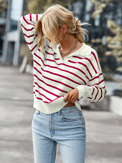 Casual Loose Striped Polo Sweater Top