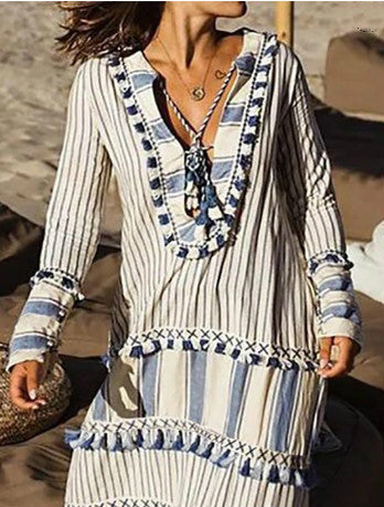 V-Neck Striped Stitching Fringed Lace Dress Long Skirt