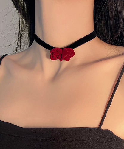 Handmade Red Silk Velvet Floral Bow Pendant Necklace