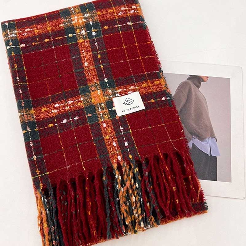 Christmas Warm Color Block Plaid Tassel Scarf